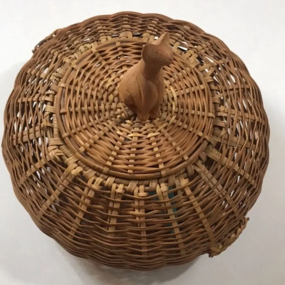 Handcrafted Wicker Basket with Cat Figurine Lid